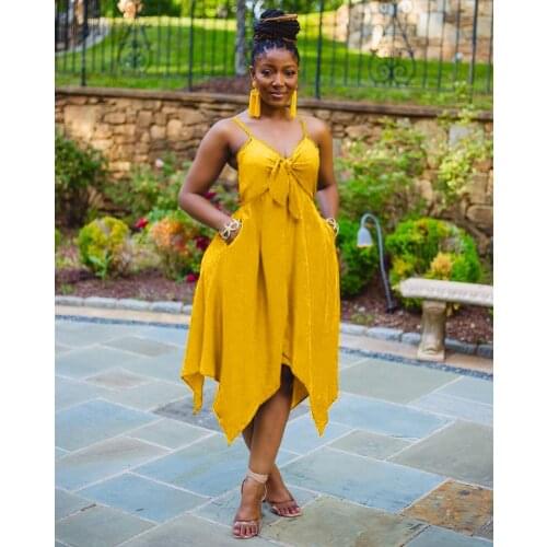 Spaghetti V-neck Womens Dress Elegant Pocket Besign 2021 Summer Sleeveless Sling Bow Zpper Overalls Asymmetric Womens Suit