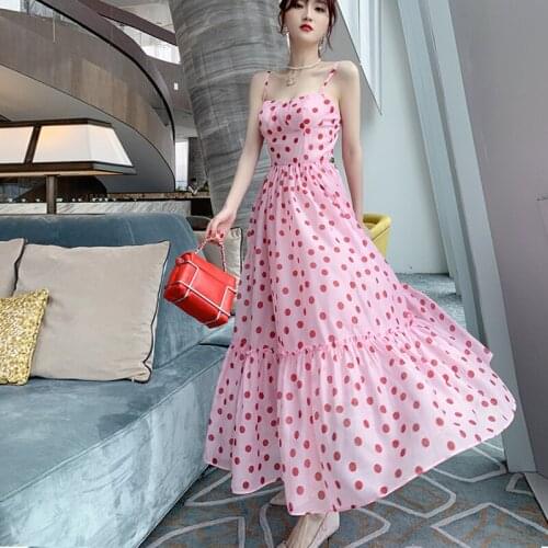 New arrival fashion summer women OL elegant sweet sexy strapless chiffon dot print ruffle pink beach holiday party long dress