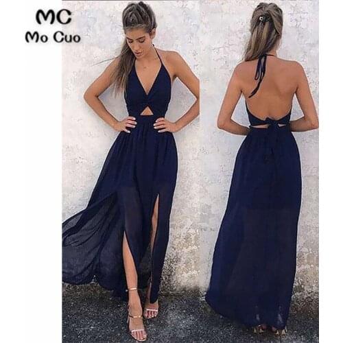 2019 Ready Ship Dark Blue Evening Dresses Backless V Neck Robe De Soiree Pleat Chiffon Halter Split Women Evening Dresses