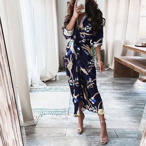 Autumn Vintage Print Shirt Dress Turn-Down Collar Button Split Party Dress Women Fashion Long Sleeve Belt Folds Beach Long Dress