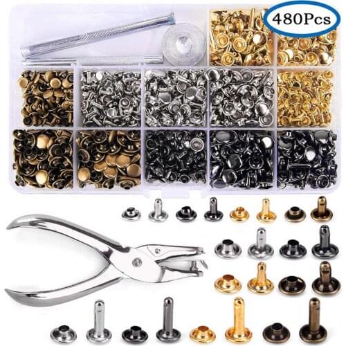 120/240/360/480 Pcs/Set Double Cap Rivets Press Studs Buttons Rings Snap Fasteners Metal Grommet Leather Rivets Tool Kit Pliers