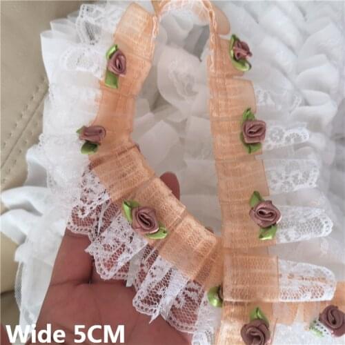 5CM Wide Luxury Double Layers Coffee Chiffon 3D Pleated Lace Fabric Wedding Dress Dolls Clothing Collar Edging Trim Sewing Decor