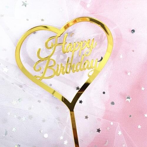 Acrylic Happy birthday Cake Topper Heart-shaped golden Cupcake topper for baby shower Birthday party Cakes Dessert Decorations