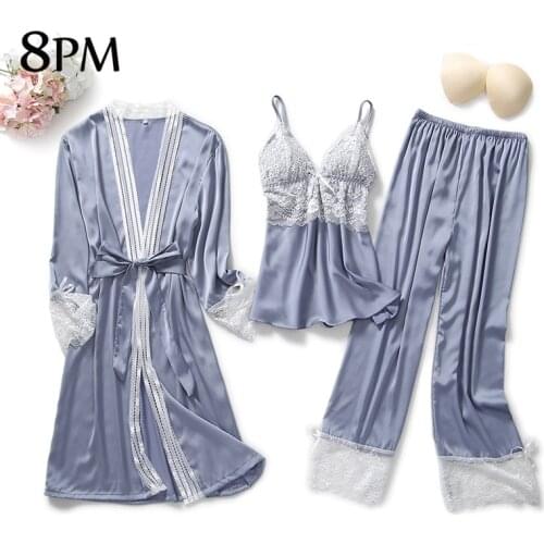 Satin Silk Pajamas Sets Womens Lace Satin Pjs Set V-Neck Silk Wear Home Nightwear Kimono Sleep Robe Bath Gown With Chest Pads