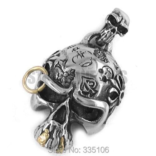 Free shipping! Gothic Biker Skull Pendant Stainless Steel Jewelry Interesting Gold Teeth Skull Motor Pendant SWP0114