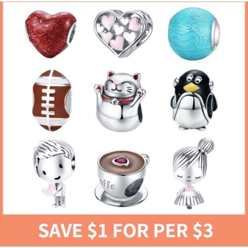 BISAER Silver Alloy Beads Fit Original Pandor Bracelet Cute Boy Girl Penguin Lucky Cat Charms Bead DIY Jewelry Making Berloque