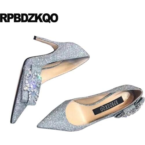 Sequin diamond 2019 crystal thin bridal silver rhinestone heels pumps women 3 inch size 33 shoes glitter bow high pointed toe