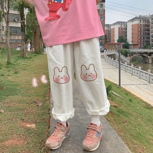 Womens Pants Japanese Girl Cute Rabbit Print Wide-leg Pants Nine-point Pants Female Korean Students Casual Straight-leg Pants