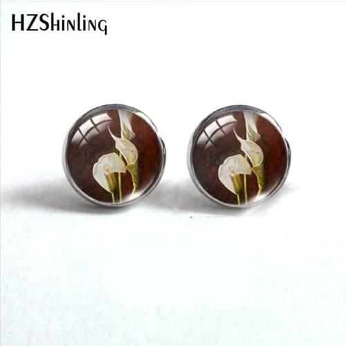 Black White calla Lily Flower Paintings Stud Earrings Glass Cabochon Ear Jewelry