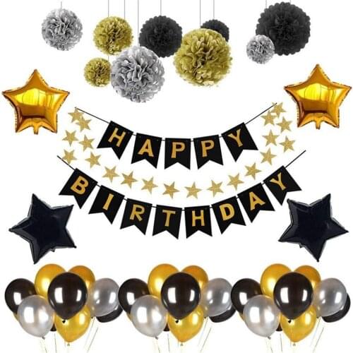 Thanksgiving Decorations Black and Gold Party Decorations Birthday Banner Balloons Pom Poms For Birthday