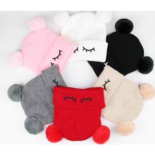 Baby Hats Cute Eyelashes Solid Color Hat Childrens Cap Kids Girl Winter Embroidery Faux Fox Fur Double Ball Knitted Pompon Cap