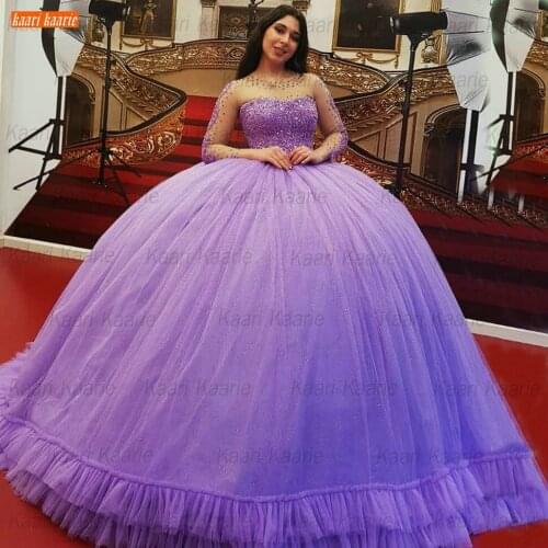 Dubai Purple Beading Wedding Gowns Long Sleeves 2021 Robe De Mariée O Neck Crystal Ball Gown Bridal Dresses Glitter Trouwjurk