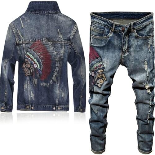 Autumn Winter New Fashion Embroidered Indian Jeans Sets Mens Stretch Jeans + Slim Casual Denim Jacket Vintage Two Pieces Sets