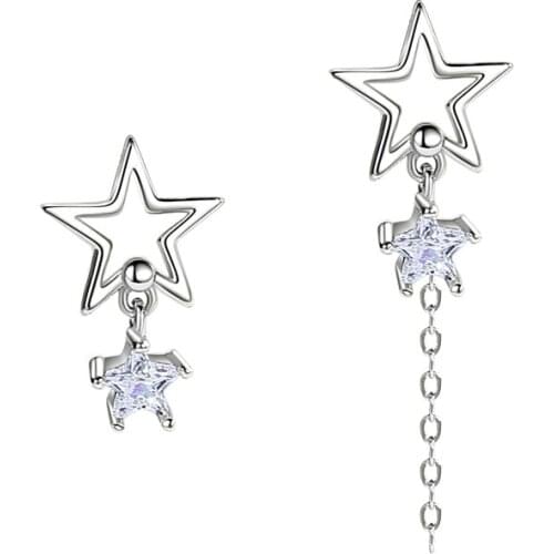 Creative Design Asymmetry Star Crystal Cz Stud Earrings Women Simple Cute Chain Tassel Earrings Student Girlfriends Jewelry