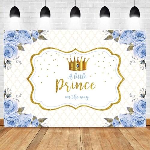 Laeacco Happy Prince Birthday Party Gold Crown Blue Flowers Diamond Headboard Poster Photo Background Photography Backdrops