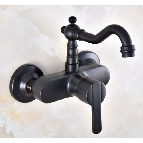 Black Oil Rubbed Brass Wall Mounted Single Handle Lever Bathroom Kitchen Sink Faucet Mixer Tap Swivel Spout anf844