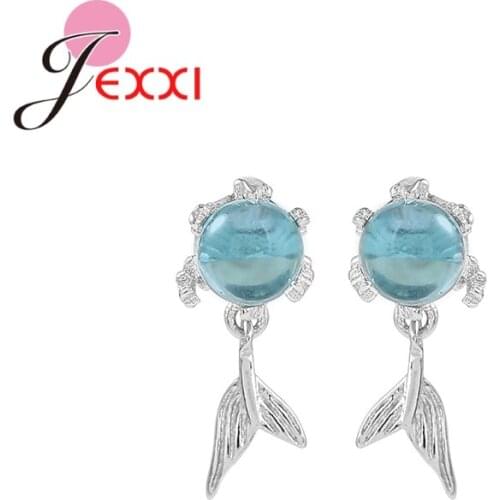 Fashion Cute 925 Sterling Silver Blue Cubic Zircon Mermaid Tail Stud Earrings For Women Girl Trendy Gift Party Jewelry Brincos