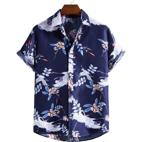 2021 new mens stand collar short sleeve shirt ethnic series printed crane shirt
