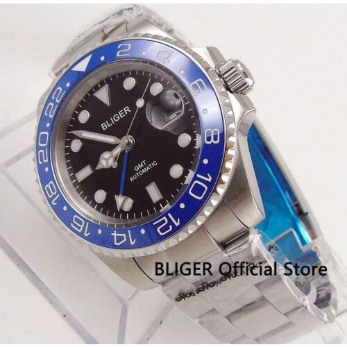BLIGER 40mm Black Dial Automatic Mens Watch GMT Function Auto Date Blue Rotating Bezel