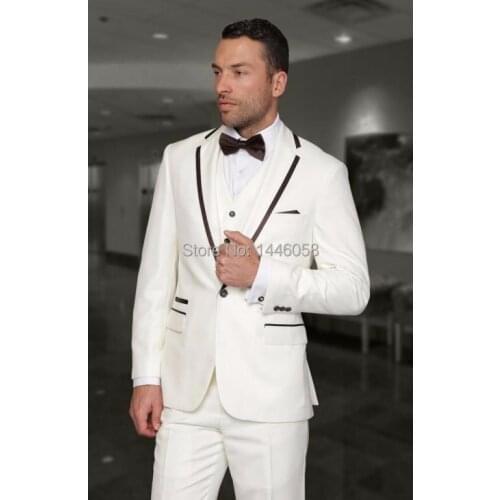 2018 New Arrival Ivory Men Suits Black Lapel Costume Homme Mens Suits For Wedding Groom Tuxedos Party Suit Slim Fit Suit