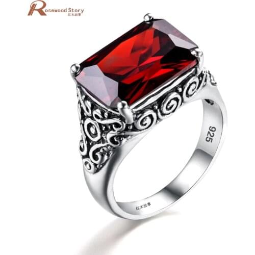 Real Pure 925 Sterling Silver Ring For Men Women Garnet Crystal Stone Ring Vintage Engraved Medieval Pattern Elements Jewelry
