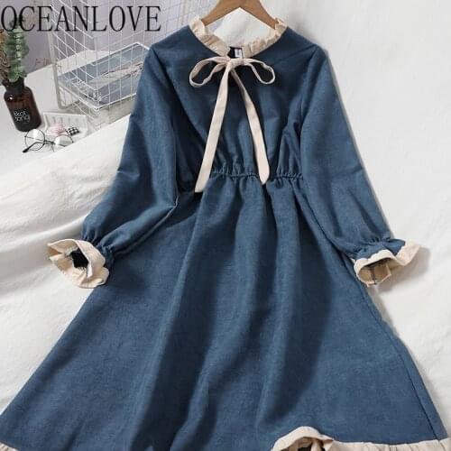OCEANLOVE Autumn Winter Dress Japan Style Kawaii Lace Up Vestidos 2021 Vintage Bow A-line Robes Hiver Preppy Dresses Women 18941