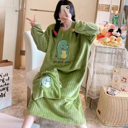 Autumn and Winter Facecloth Flannel Nightgown Thickened Coral Velvet Pajamas Female Loose Plus Size Home Wear Sleepwear Women