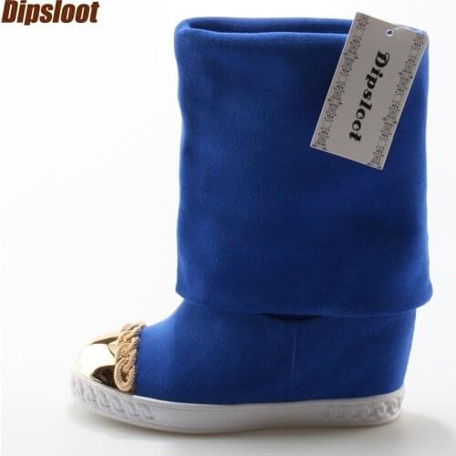 Autumn Fashion Blue Suede Leather Women Slip On Boots Metal Round Toe Ladies Increasing Heel Boots Casual Style Mid-Calf Boots