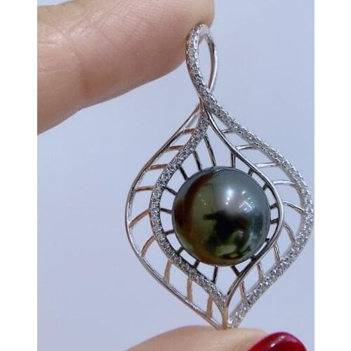 Leaf Design 12-13mm Big Black Pearl Pendant Necklace Tahitian Pearl Charm Chain