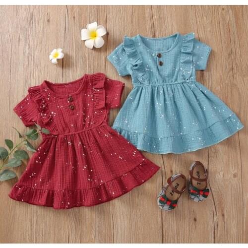 Girls Casual Big Hem Dress, Short Sleeve Round Collar Short Skirt, Dark Red/ Blue
