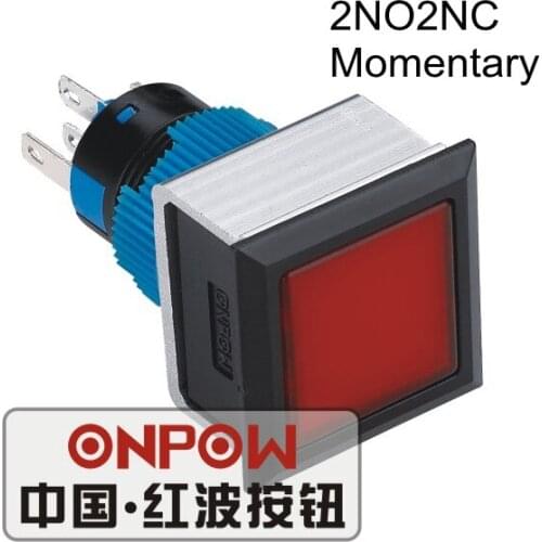 ONPOW 22mm Momentary 2NO2NC LED illuminated Black case Square Plastic push button switch (LAS1-APF-22/R/12V) CE, UL, ROHS