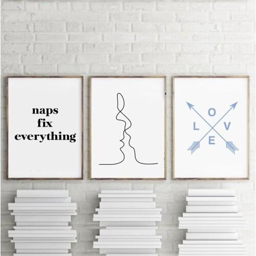 Love Quote Romantic Bedroom Print Wall Art Decor , The Kiss illustration Minimalist Canvas Painting Home Bedroom Decoration