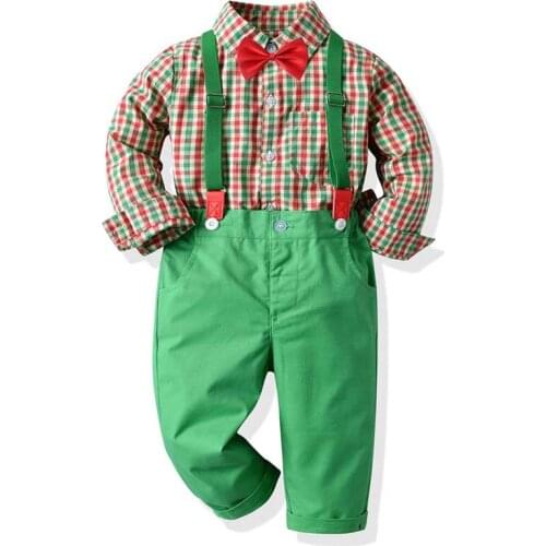Christmas Boy Clothing Set Dress Suit Gentleman Plaid Shirt with Bow tie + Green Pants Party Handsome Kid Clothing Boys Clothes