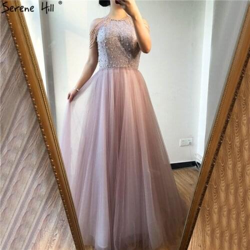 Pink O-Neck Beading Pearls A-Line Evening Dresses 2020 Sleeveless Sexy Tulle Formal Dress Serene Hill LA70383