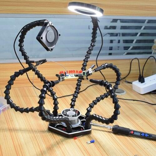 Helping Hands Third Arm Soldering Work Station 6 Flexible Arms with Precision 360 Degree Alligator Clip USB 3X Magnifier