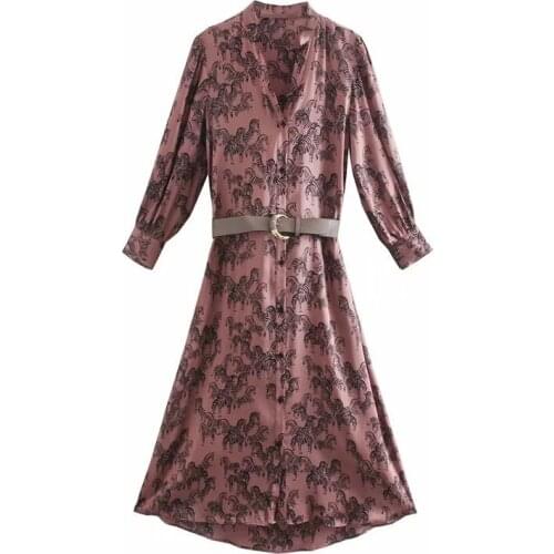 Satin Animal Printed Midi Dress Women Sexy V Neck Long Sleeve Belt Party Dresses Fashion Vintage Button-up Dress Vestidos