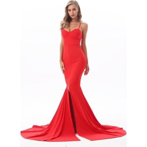 Sexy V Neck Padded Bodycon Party Dress High Split Floor Length Tight Package Hips Maxi Dress Backless Straps Red Dress