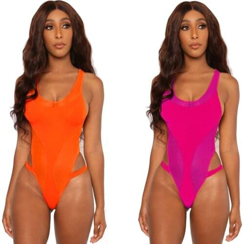 Solid Patchwork Mesh Swimsuit One Piece Cut Out Swimwear For Women Sexy Plunge Brazilian Thong Monokini Slim Bath Bathing Suit