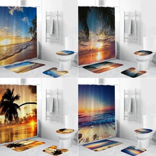 Dusk Beach Bathroom Curtains and Rug Sets Sea Coastal Scenery Waterproof Shower Curtain Anti-slip Carpet Toilet Cover Bath Mat