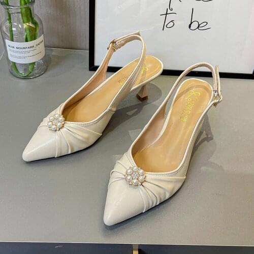 Spring and Summer Pearl Folds Bow Stiletto High Heel Bridal Wedding Shoes Elegant All-match Banquet Dress Pointed Sandals