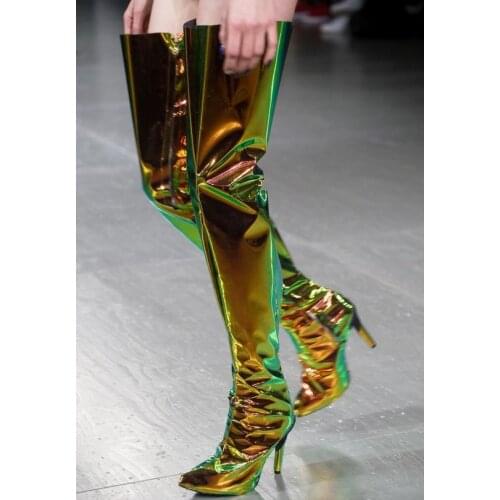 Chic Woman Glitter Laser PVC Thigh Boots Stiletto High Heel Woman Pointed Toe Light Reflecting Over Knee Boots Runway Shoes