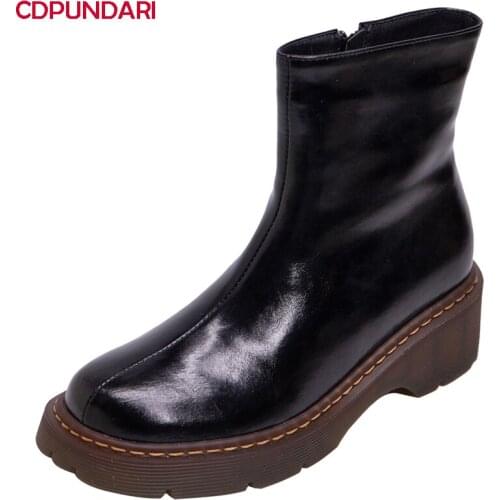 Genuine Leather Chunky Low Heels Platform Ankle Boots For Women Winter Wool Chelsea Short Boots Shoes Botas Invierno Mujer