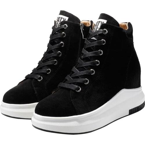 Women Wedged Sneakers 8cm Height Increasing Ankle Boots Genuine Leather Breathable Hidden Platform Walking Sports Shoes