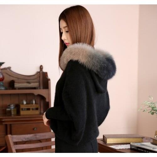 New natural knitted mink cashmere cardigans with fox fur hood womens fashion Batwing sleeve knit sweater