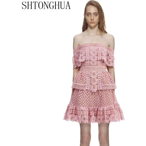 SHTONGHUA Runway dress women pink red hollow out sexy party dress slash neck lace dress vestidos 2019 new self portrait dress