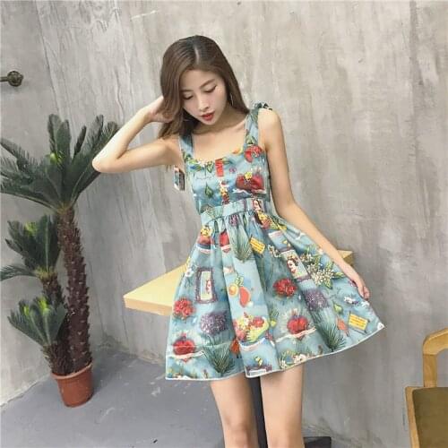[Alphalmoda] Summer 2017 Female Elegant Bow Spaghetti Strap High Waist Printed One-piece Dress M-L