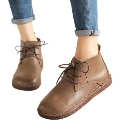 1930-1 for Autumn and Winter Artistic Handmade Leather Short Boots Retro Round Toe Lace-up Flat Womens Leather Shoes
