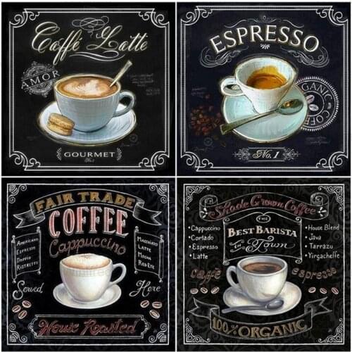 5D DIY Diamond Painting Coffee Text Cross Stitch Diamond Embroidery Cafe Decor Mosaic Art Full Square/Round Diamond Kit Handmade