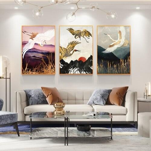 Alpine Flying Crane Abstract Posters and Prints Japanese Style Landscape Wall Art Canvas Painting Sun Bird Line Pictures Decor