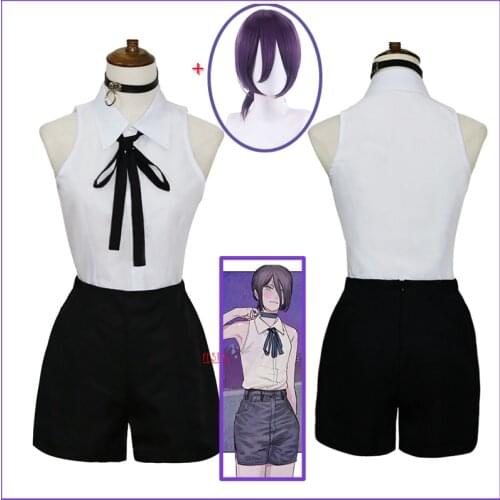 Anime Chainsaw Man Reze Cosplay Costume Women Outfits Purple Wigs Sexy Sleeveless Vest Shorts Necklace Tie Halloween Party Show